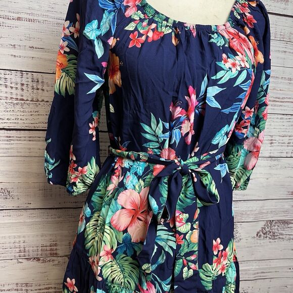 Tommy Bahama Flora Off Shoulder Dress Coverup XS Navy Belt Tropical Hawaiian NWT - Picture 8 of 16